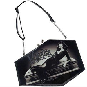 Vampira Skull Kiss Lock Deluxe Coffin Black Vinyl Shoulder or Clutch Purse NWT